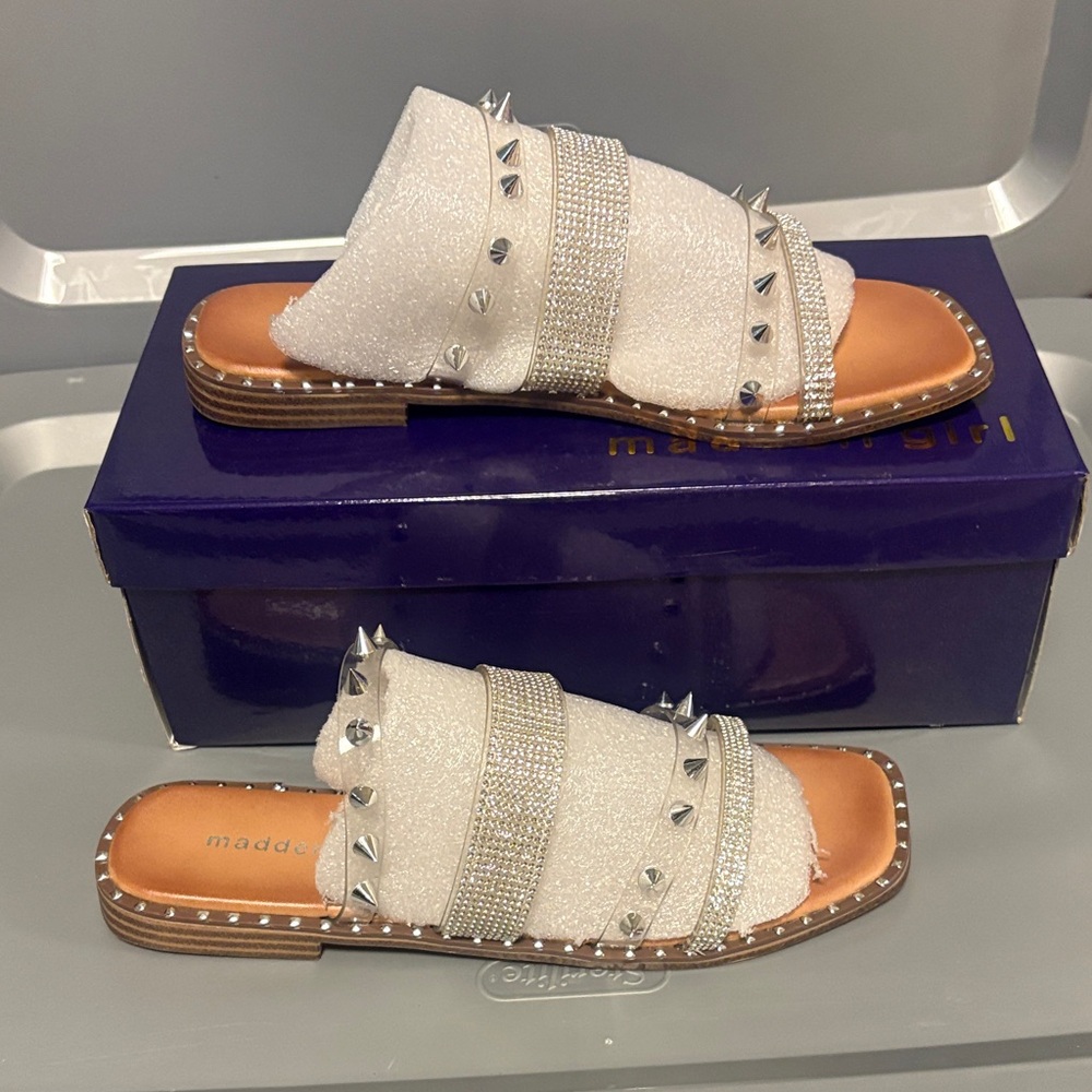 Madden Girl White Sparkle Slide Sandals with Silver Spikes